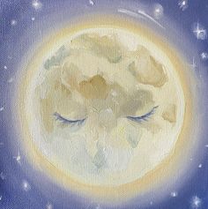 a painting of the moon with its eyes closed and stars in the sky behind it