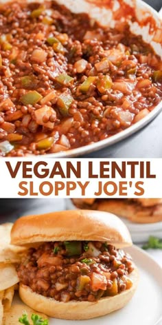 two pictures of sloppy joe's with text overlay that reads vegan lentil sloppy joe's