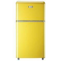 a yellow refrigerator freezer sitting on top of a white floor next to a wall