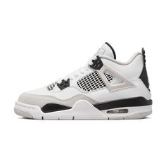 The Air Jordan 4 Retro ‘Military Black’ showcases the same color blocking and materials featured on the OG ‘Military Blue’ colorway from 1989. Smooth white leather is utilized on the upper, bolstered with a forefoot overlay in grey suede. Contrasting black accents make their way to the TPU eyelets, molded heel tab, and the Jumpman logo displayed on the woven tongue tag. Lightweight cushioning comes courtesy of a two-tone polyurethane midsole, enhanced with a visible Air-sole unit under the heel. Best Jordan 4, Jordan 4 Retro Military Black, Adidas Sl 72, Jordan 4 Black, Retro Basketball Shoes, Nike Shoes Girls, Trendy Shoes Sneakers, Black Jordans, Jordan 4s