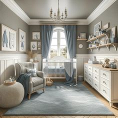 a baby's room is decorated in neutral colors