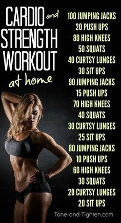 the cardio and strength workout at home poster is shown in black with green lettering