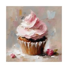 an oil painting of a cupcake with pink frosting and roses on the table