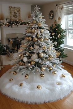 White tree skirt with silver and gold ornaments under a full-size Christmas tree on a fluffy fur rug, creating a cozy decor. New Years Eve Christmas Tree, Large Ornaments On Tree, White Flocked Christmas Tree Ideas, Winter Wonderland Christmas Decorations, White And Gold Christmas Decor, Gorgeous Christmas Trees, Ballon Ideas, Crismas Tree, Fur Christmas Tree Skirt