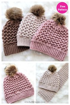 three different knitted hats with pom poms