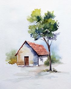 a watercolor painting of a house with a tree in the foreground and a white wall behind it