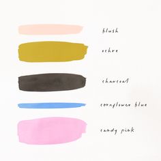 four different shades of paint on white paper with words written below them that read brush, etctone, charcoal, crayon, and candy pink