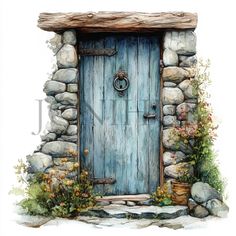 a watercolor painting of a blue door surrounded by rocks and plants with flowers around it