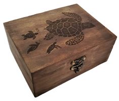 a wooden box with an image of turtles on it