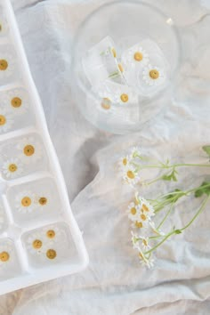 flowers and ice cubes sitting on a white table cloth next to a glass container