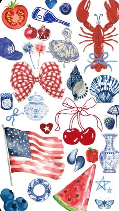 an american flag and various items on a white background with watermelon, tomatoes, crab, cherries, strawberries, etc