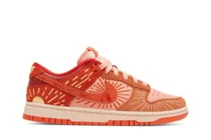 The Nike women’s Dunk Low ‘Winter Solstice’ features a unique design that nods to the low-hanging sun that accompanies the winter months. Radiating lines are embroidered throughout the upper, featuring a pink leather base with suede overlays in burnt orange and crimson. The latter wraps around the heel with a yellow half-sun graphic in contrasting yellow embroidery. ’12.21.12’ is displayed on the tongue tag of the right shoe and the sockliner of the left, nodding to the official start of the winter solstice in the year 2021. The low-top rests on a pink-tinged midsole, supported underfoot by a bright red rubber outsole. Orange Sneakers Aesthetic, Winter Solstice Dunks, Nike Dunk Low Winter Solstice, Nike Shoes Women Colorful, Pink And Red Sneakers, Embroidered Nike Shoes, Cute Tenishoes, Fun Sneakers For Women, Custom Jordan 1 Low