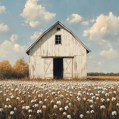 a painting of a white barn in the middle of a field full of dandelions