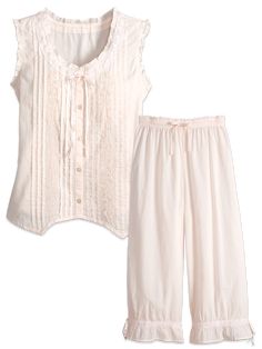 There's a reason these romantic Victorian-inspired PJs will never completely leave the scene...they're irresistibly feminine and pretty. Let us count the ways: First, the sleeveless top has ruffle trim, a pleated front with tonal floral embroidery and tiny bead detail. Other "softer side" touches continue with eyelet trim, a satin ribbon tie at the neck and cute-as-can-be daisy-shaped buttons. Front points and an adjustable tie in back for a perfect fit. Matching bottoms have a full stretch wais Bloomer Pants, Soft Pjs, Pajamas For Teens, Vermont Country Store, Cozy Pajamas, Soft Spot, Trendy Swimwear, Satin Pyjama Set, Country Store