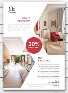 a flyer design for a real estate with an image of a living room and kitchen