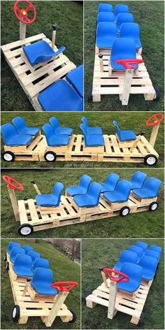 several pictures of different types of furniture made out of wood pallets and plastic chairs