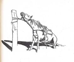 a drawing of a horse leaning on a post with its head over the top of it