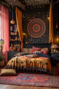 a bed room with a neatly made bed and lots of lights hanging from the ceiling