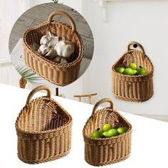 three wicker baskets hanging on the wall with apples and mushrooms in them for storage