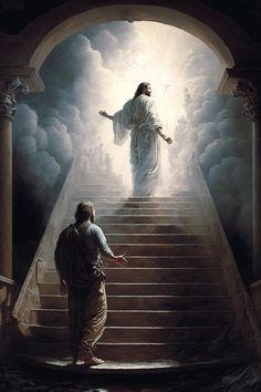 a painting of jesus ascending the stairs to heaven