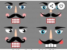 four different faces with mustaches and blue eyes, one has pink cheeks and the other has