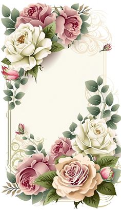 an ornate floral frame with roses and leaves on the edges, in pastel colors