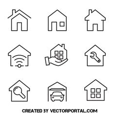 home icon set in black and white with hand holding house, key, car, keys