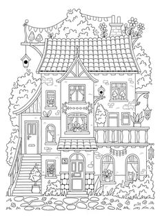 a house that is in the middle of a coloring page with flowers and trees on it