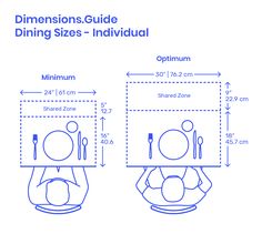 the measurements for dining sizes and individual seating areas