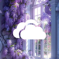 an image of purple flowers growing up the side of a building with a white cloud above it