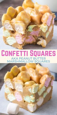 two different pictures of marshmallow squares with the words confetti squares