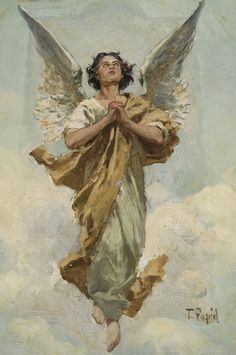 a painting of an angel in the sky with his hands folded up and eyes closed