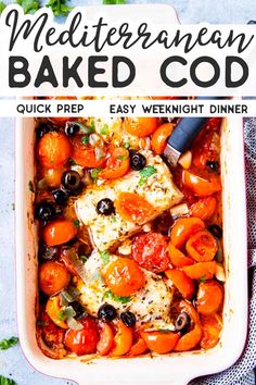 mediterranean baked food in a white casserole dish with olives, tomatoes and chicken