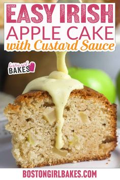 an apple cake with custard sauce is being drizzled on top