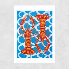 a framed print of lobsters on blue and white circles with the letter i in it