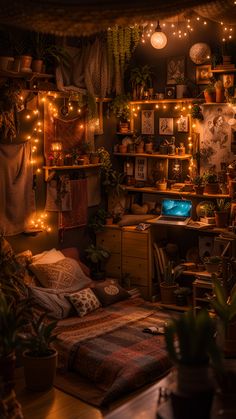 a living room filled with lots of plants and lights