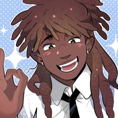 a cartoon girl with dreadlocks making the peace sign and wearing a school uniform