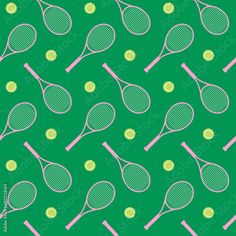 tennis rackets and balls on a green background seamless wallpaper, suitable for printing