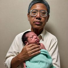 an older man holding a baby in his arms