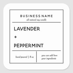 a business card with the words lavender and peppermint in black ink on white paper