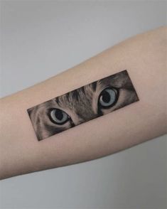 a cat's eye is shown on the arm and behind it are two smaller blue eyes