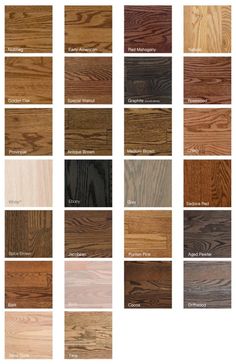 wood flooring samples with different colors and finishes for each color, including the same stain