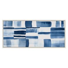 a blue and white painting on the wall with an abstract pattern in shades of blue