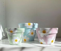 three flower pots sitting on top of a shelf