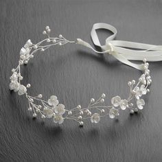 Handmade Bridal Headband with Cream Flowers and Pearls Vine Headband, Crystal Bridal Headband, Silver Hair Vine, Flowers And Pearls, Floral Wedding Hair, Ball Ideas, Pearl Hair Vine, Shell Flowers, Pearl Bridal Headband