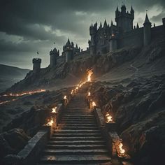 the stairs leading to hogwart castle are lit up with torches