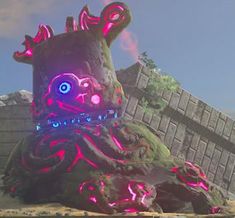 an image of a strange looking creature in the middle of a video game scene with pink and blue lights