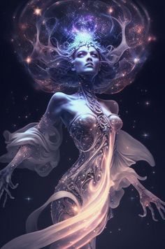 a woman with her hair blowing in the wind, surrounded by stars and light circles