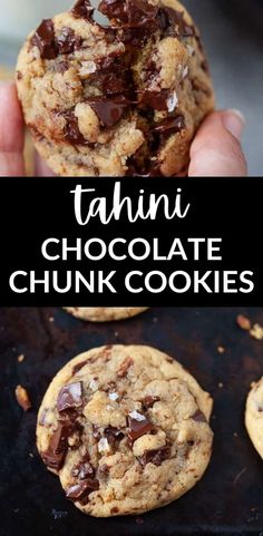 chocolate chip cookies with text overlay that says tahitii chocolate chunk cookies