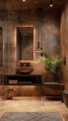 a bathroom with a sink, mirror and bathtub in the middle of the room